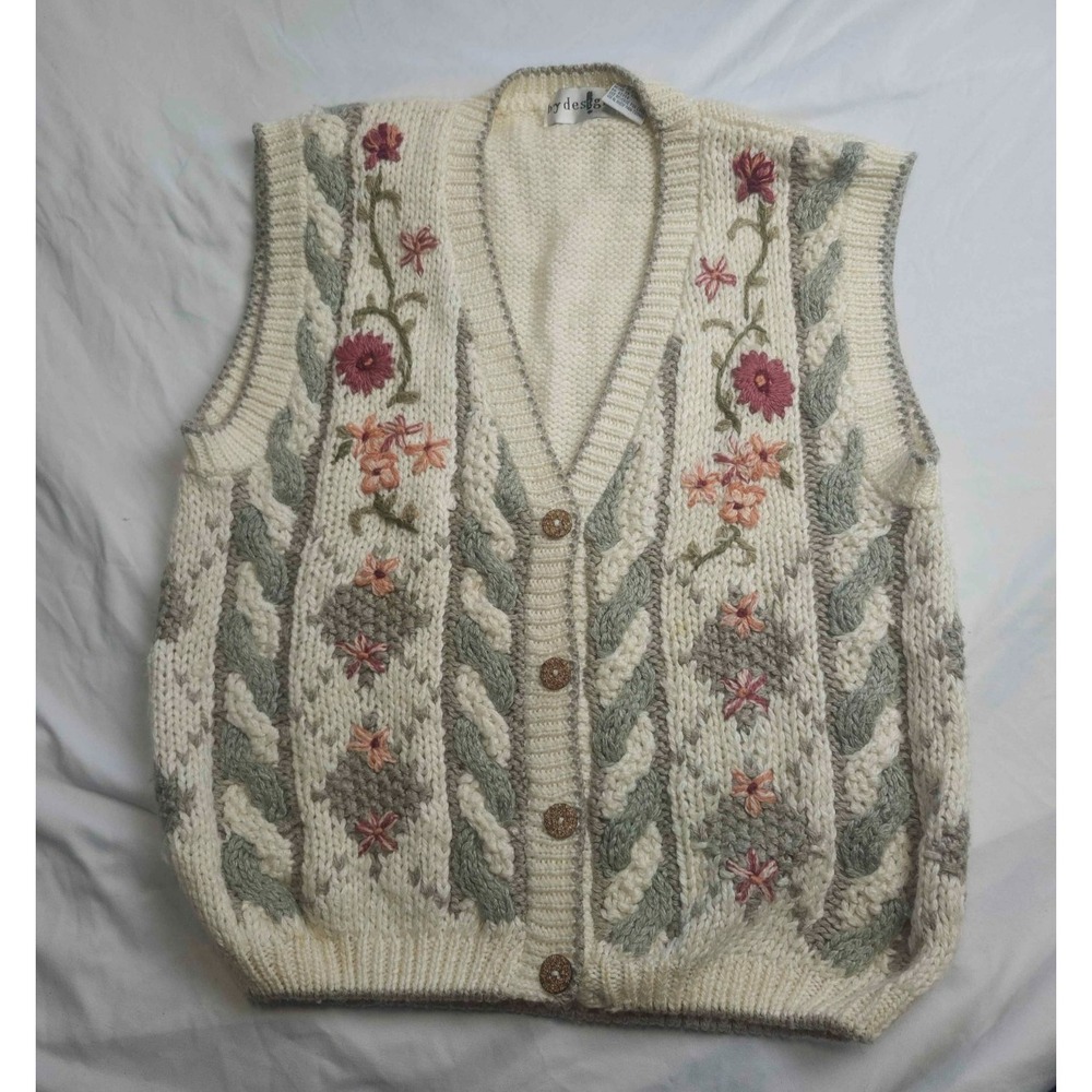 Vintage 80s By Design Sweater Vest Womens M Beige Floral Embroidered Grandmacore